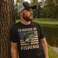 Load image into Gallery viewer, “I’d Rather Be Fishing” Patriotic Bass Tee – Bold, Rugged, and Outdoors-Ready
